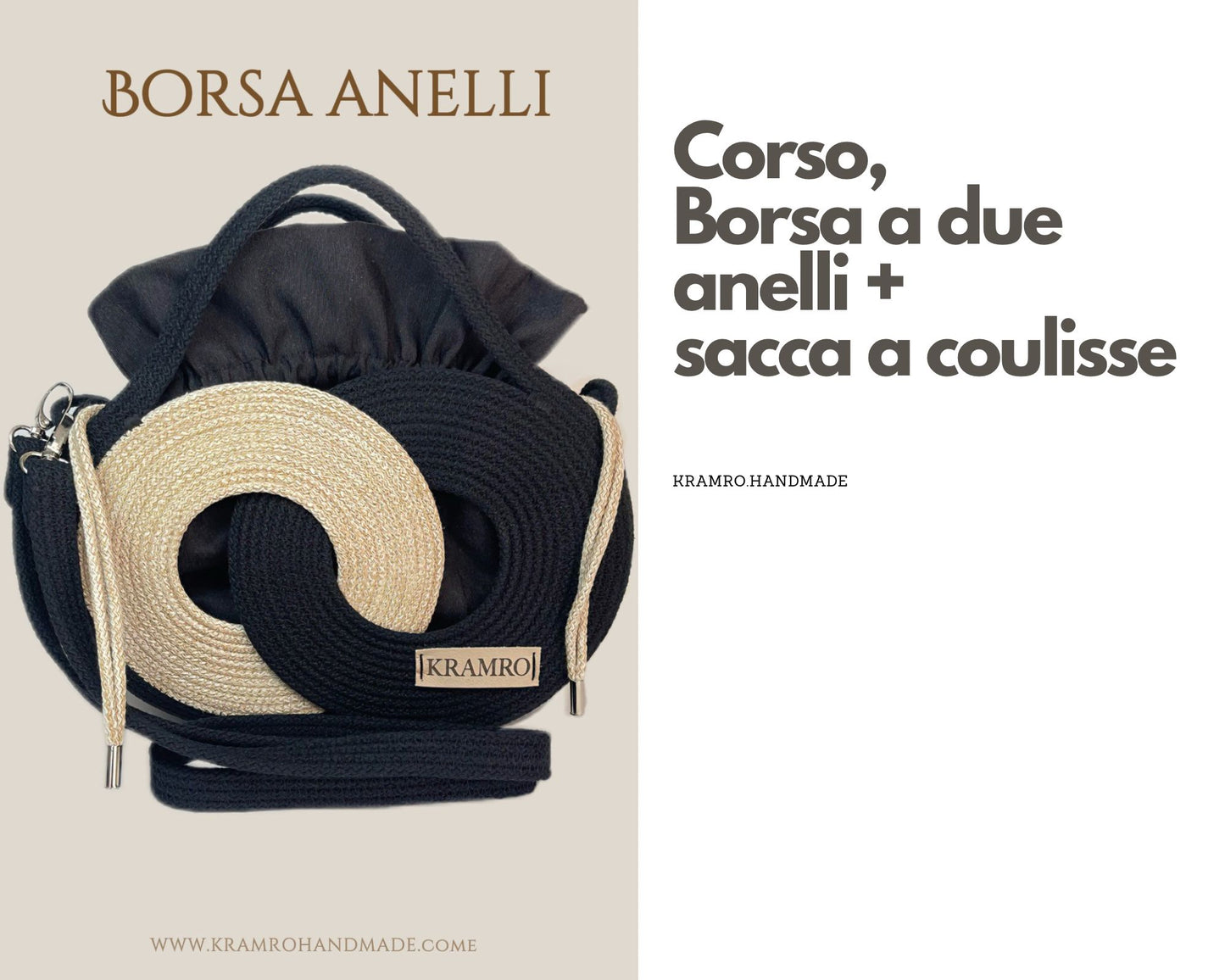 Corso sulla Borsa a Due Anelli in corda di cotone + sacca a coulisse